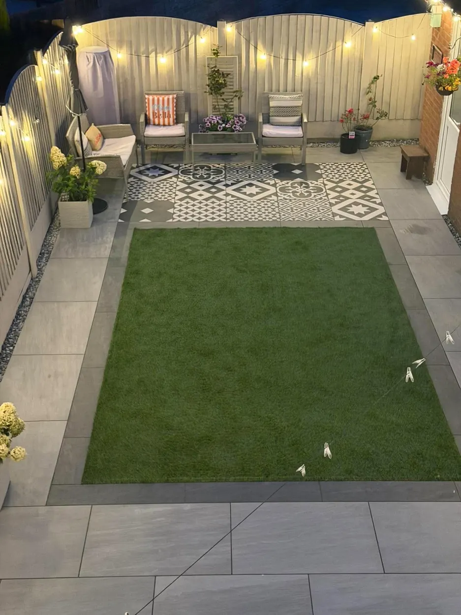 Completed garden patio and artificial lawn
